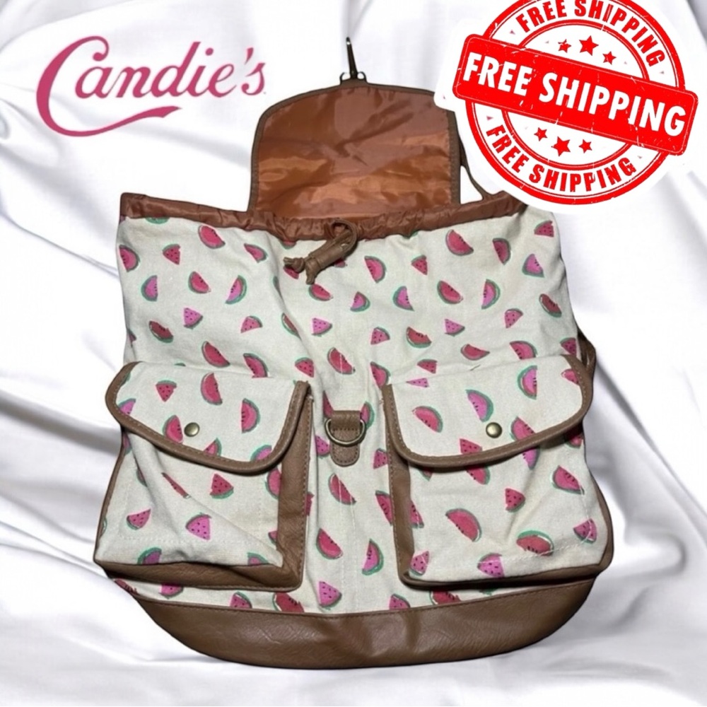 CANDIES CANVAS BACKPACK TAN WATERMELON WITH FAUX LEATHER BOTTOM FREE SHIPPING